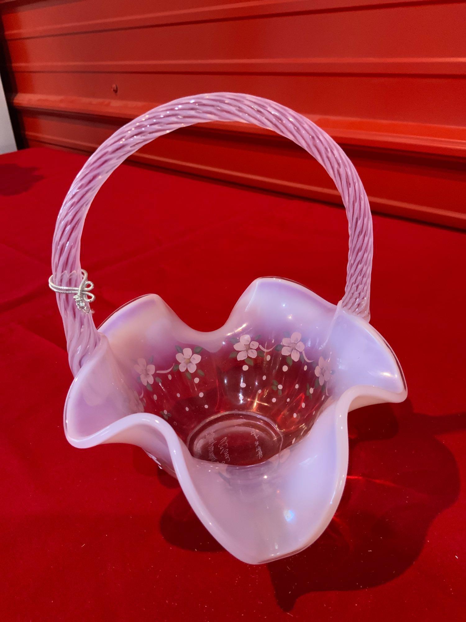 Fenton, pink opalescent hand-painted ruffled basket, (1 of 4)