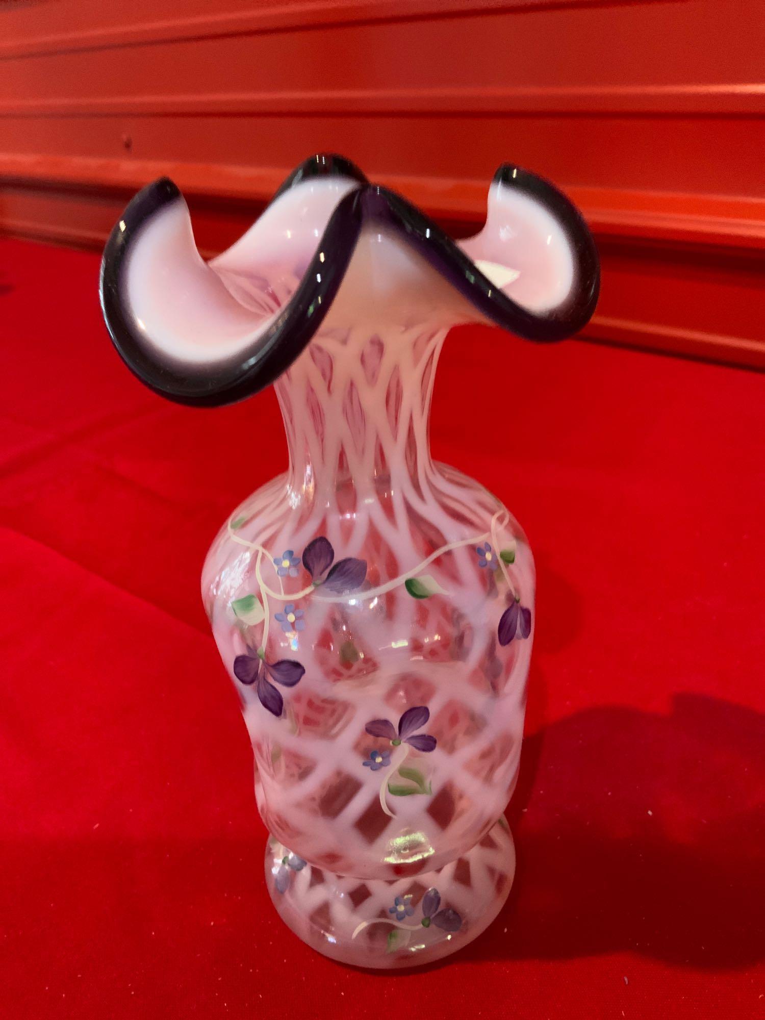 Fenton, opalescent, Diamond optic hand painted vase (1 of 4)