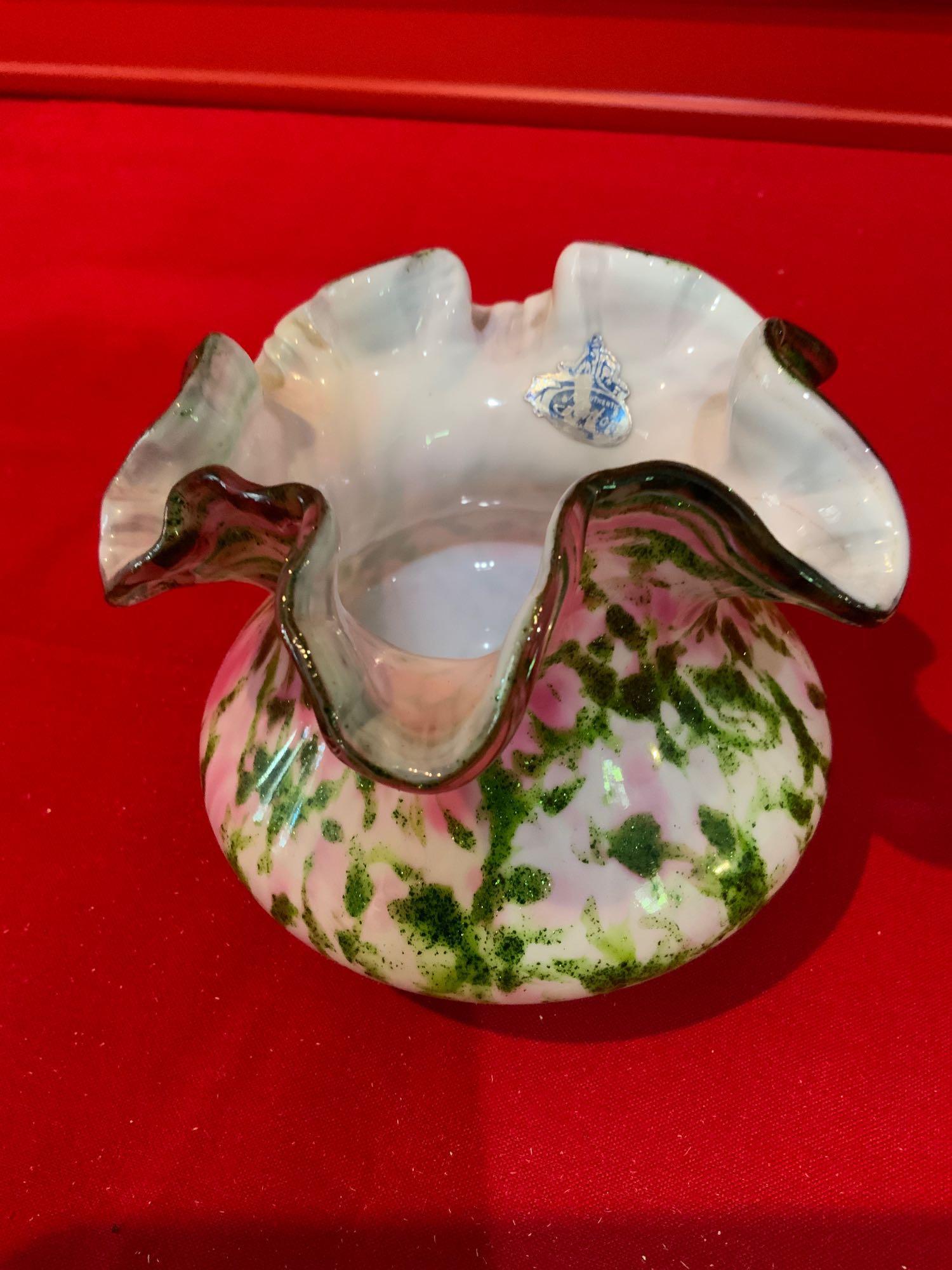 Fenton, murrhina aventurine green and pink double crest (1 of 4)