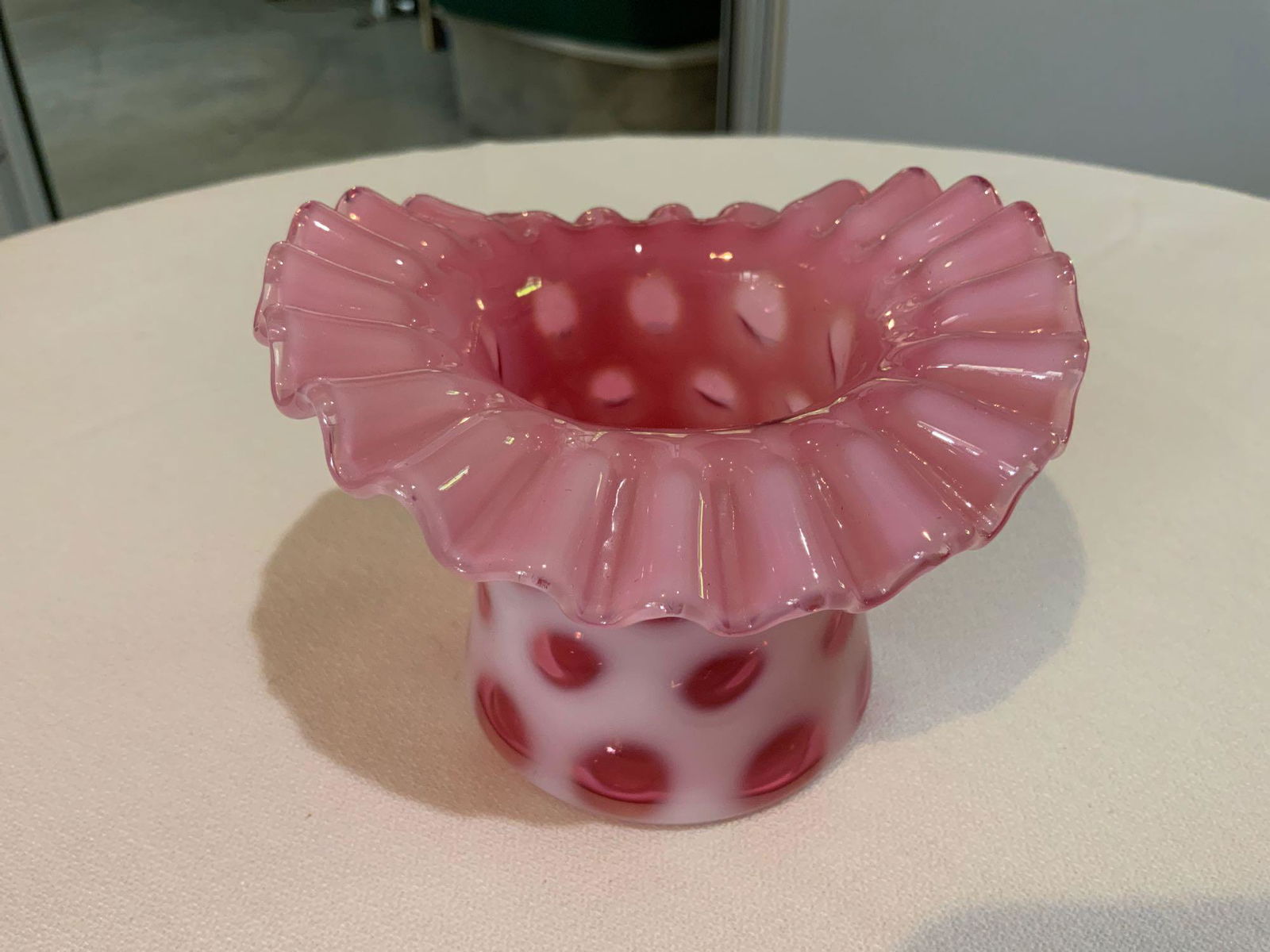 Fenton, cranberry coin dot  ruffle top hat vase (1 of 4)