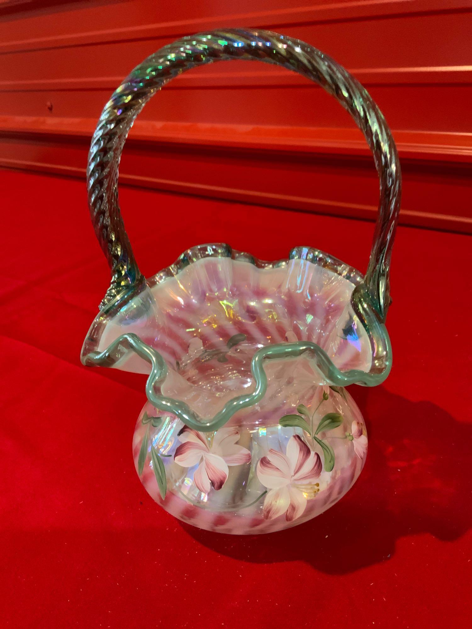 Fenton, 90th year anniversary piece green with white: Fenton, 90th year anniversary piece green with white opalescent, Handpainted, ruffled basket, and by all the Fenton as pictured! Awesome piece! Size, 9 inches tall, no chips or cracks in great conditi