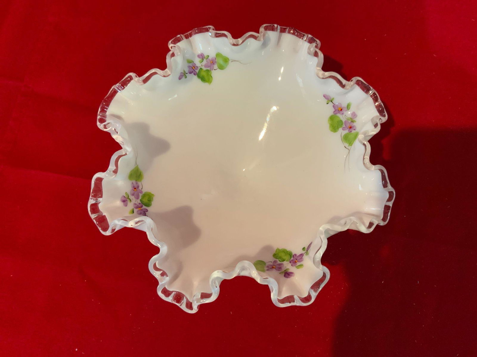 Fenton, violets in the snow,  Silver crest compote (1 of 4)
