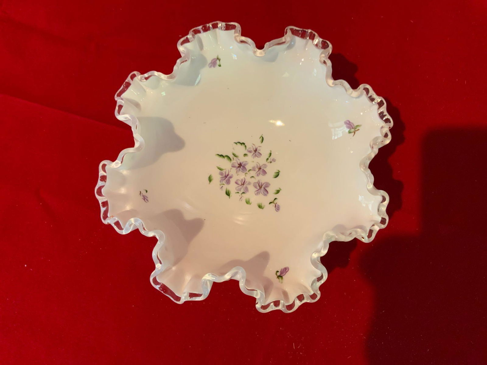 Fenton, violets in the snow,  Silver crest compote, (1 of 4)