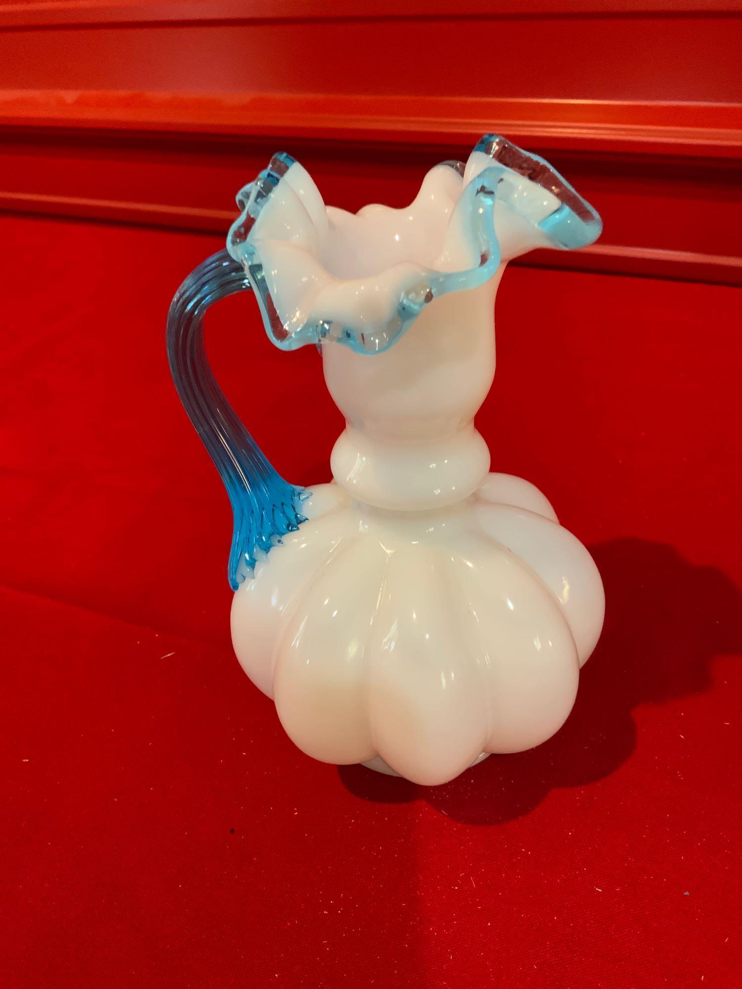 Fenton, Aqua crest melon vase, with aqua crest handle (1 of 4)
