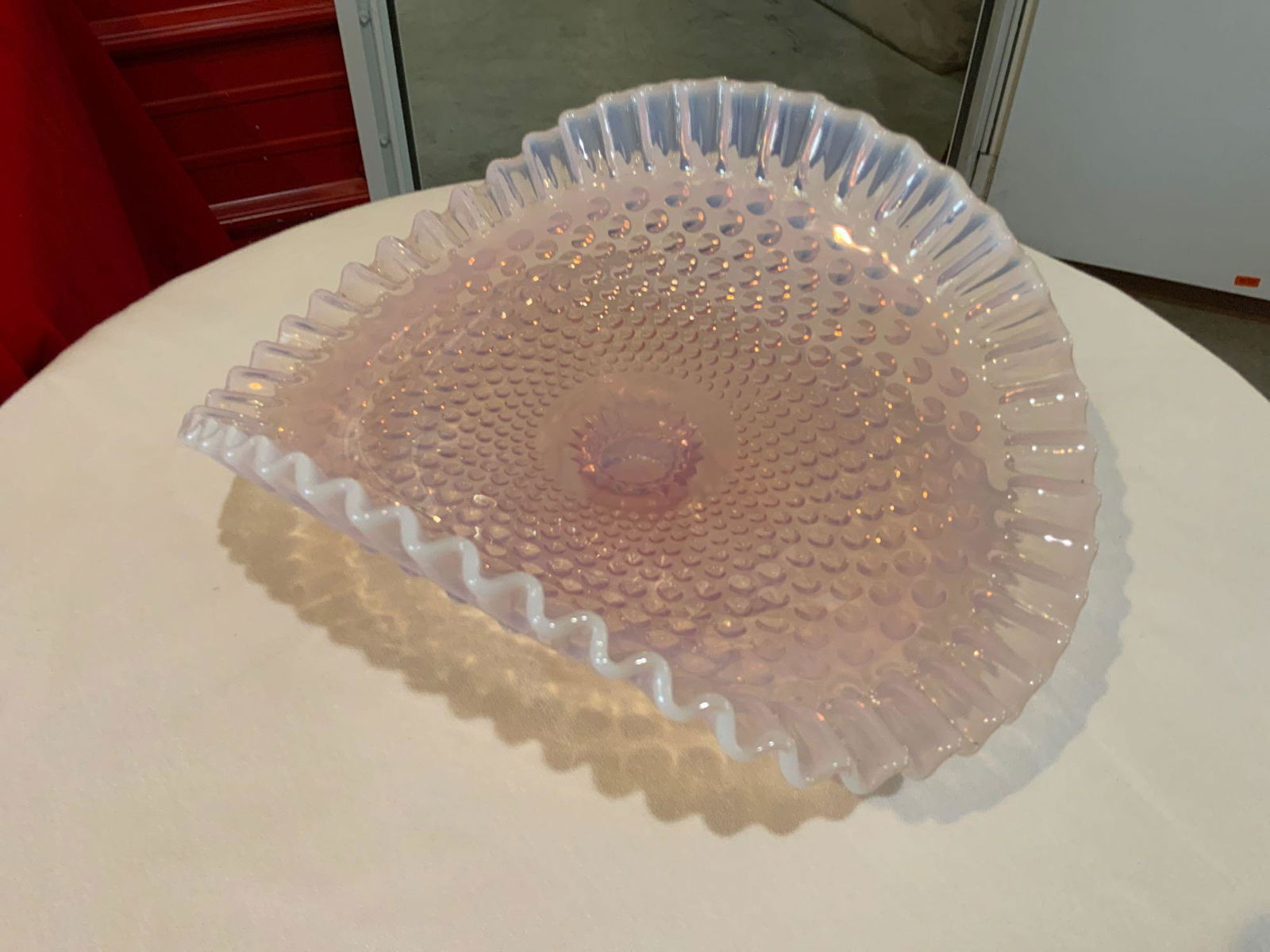 Fenton, pink hobnail Opalescent footed banana/fruit (1 of 5)