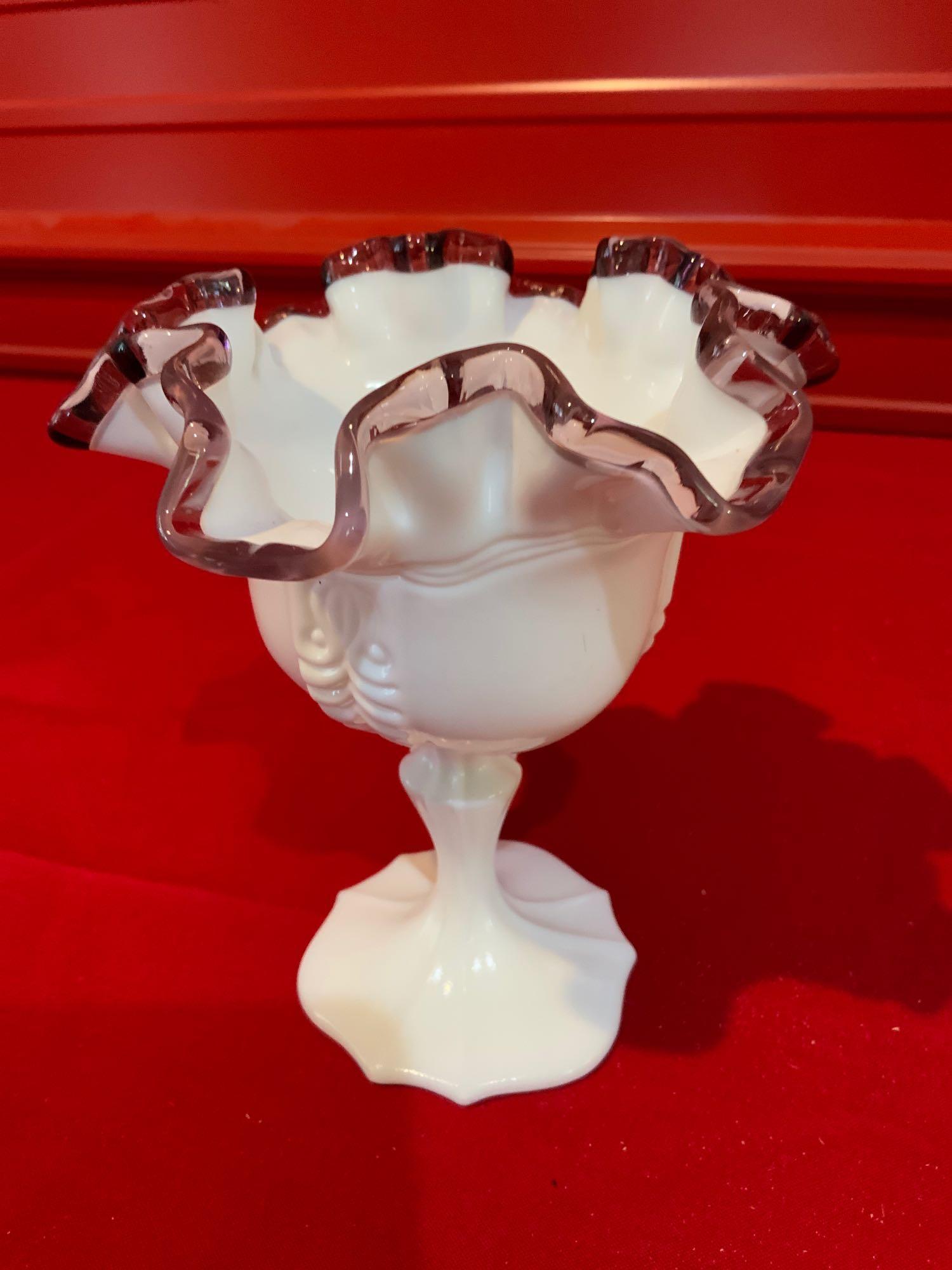Fenton, amethyst plum crust compote: Fenton, amethyst plum crust compote, size, 6 1/2 inches tall. In great condition no chips or cracks