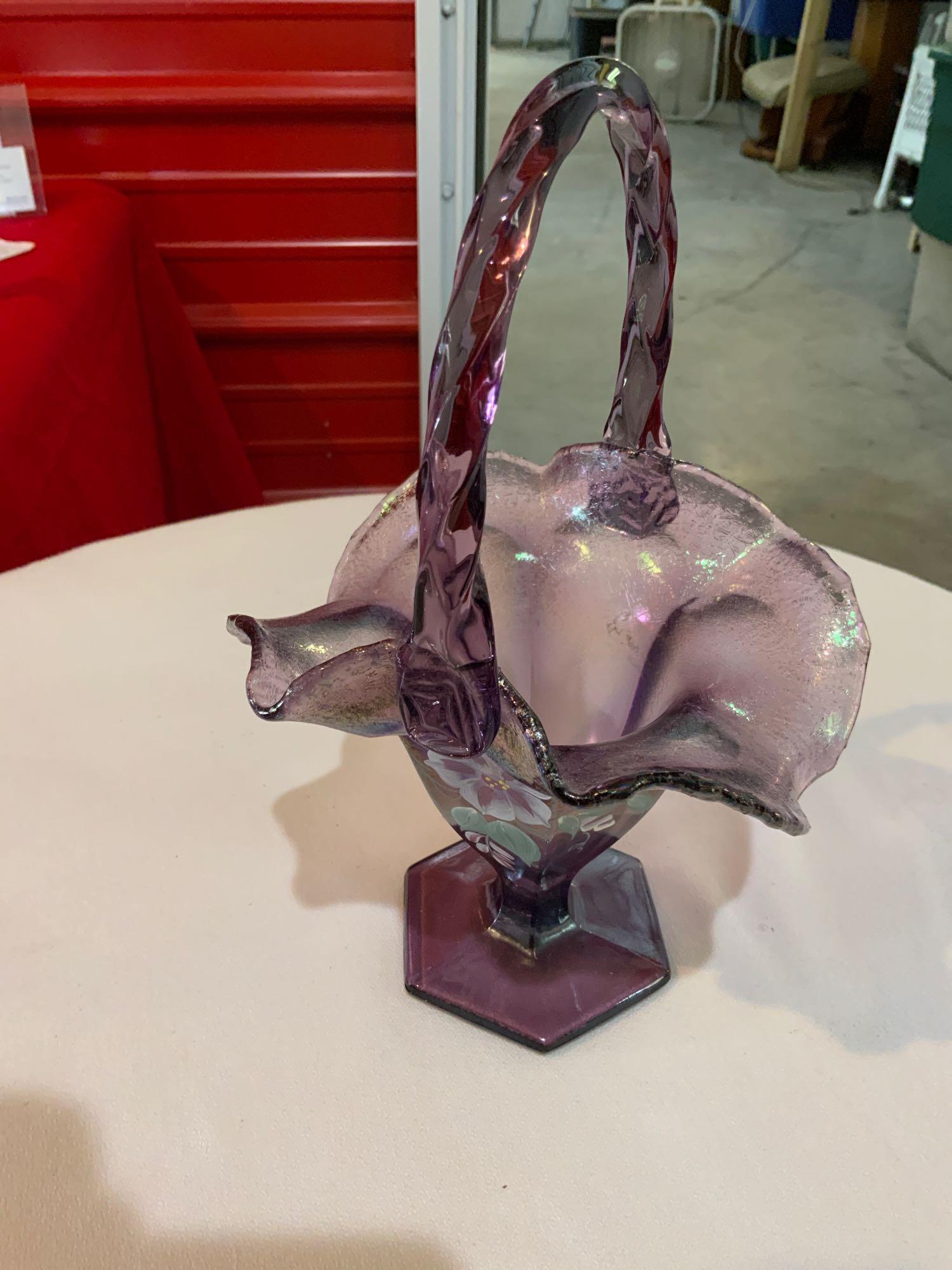 Fenton, purple fluted basket, hand painted and signed (1 of 4)