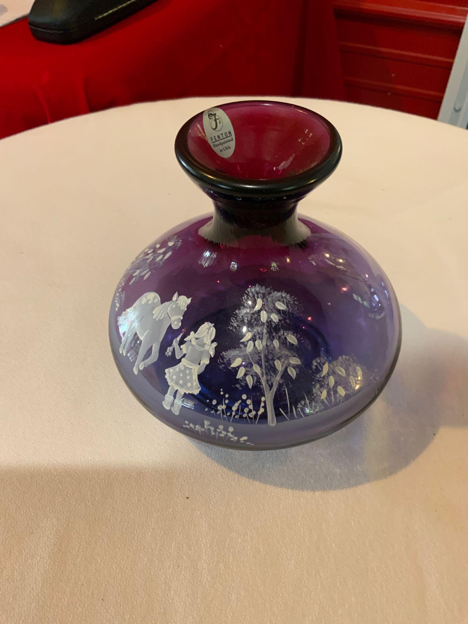 Fenton, FARCA Mary Gregory, purple vase, with little: Fenton, FARCA Mary Gregory, purple vase, with little girl and pony signed by the artist., size, 6 inches tall, in great condition no chips or cracks