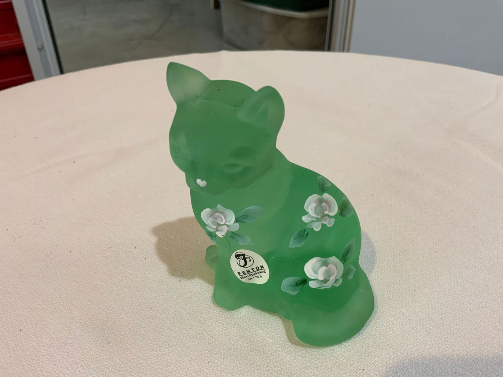 Fenton, cat satin green glass with roses, hand painted (1 of 4)