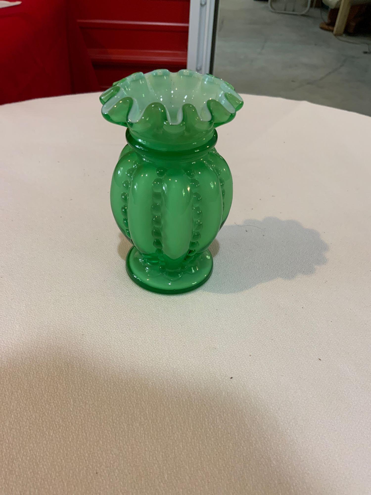 Fenton, Green beaded optic vase with ruffled top (1 of 4)