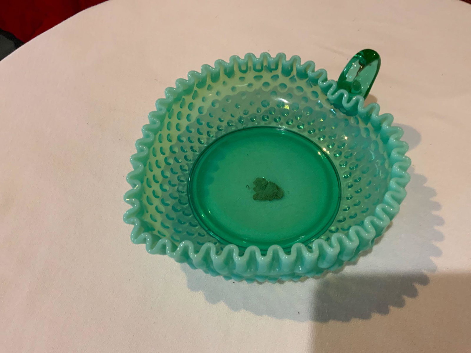 Fenton, green hobnail opalescent relish dish: Fenton, rare green hobnail opalescent relish dish. And in great condition no chips or cracks..