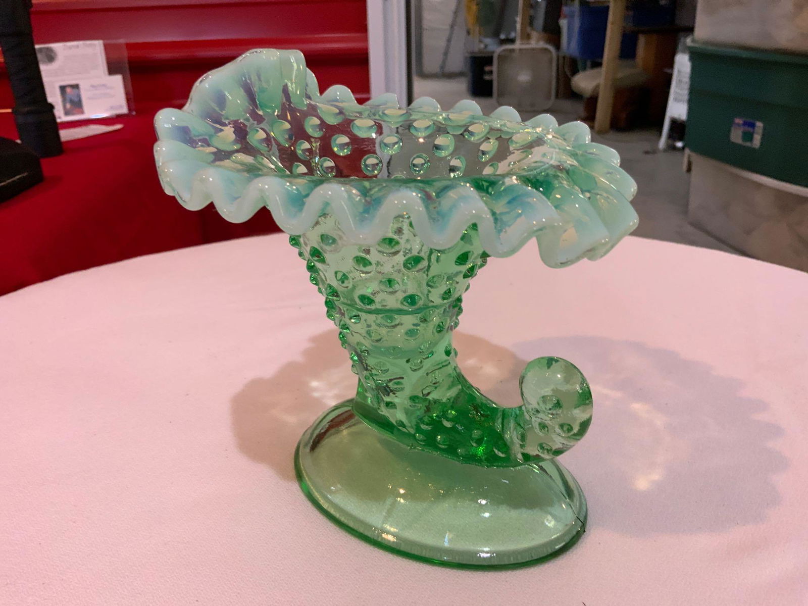 Fenton, green opalescent hobnail Cornucopia candle (1 of 4)