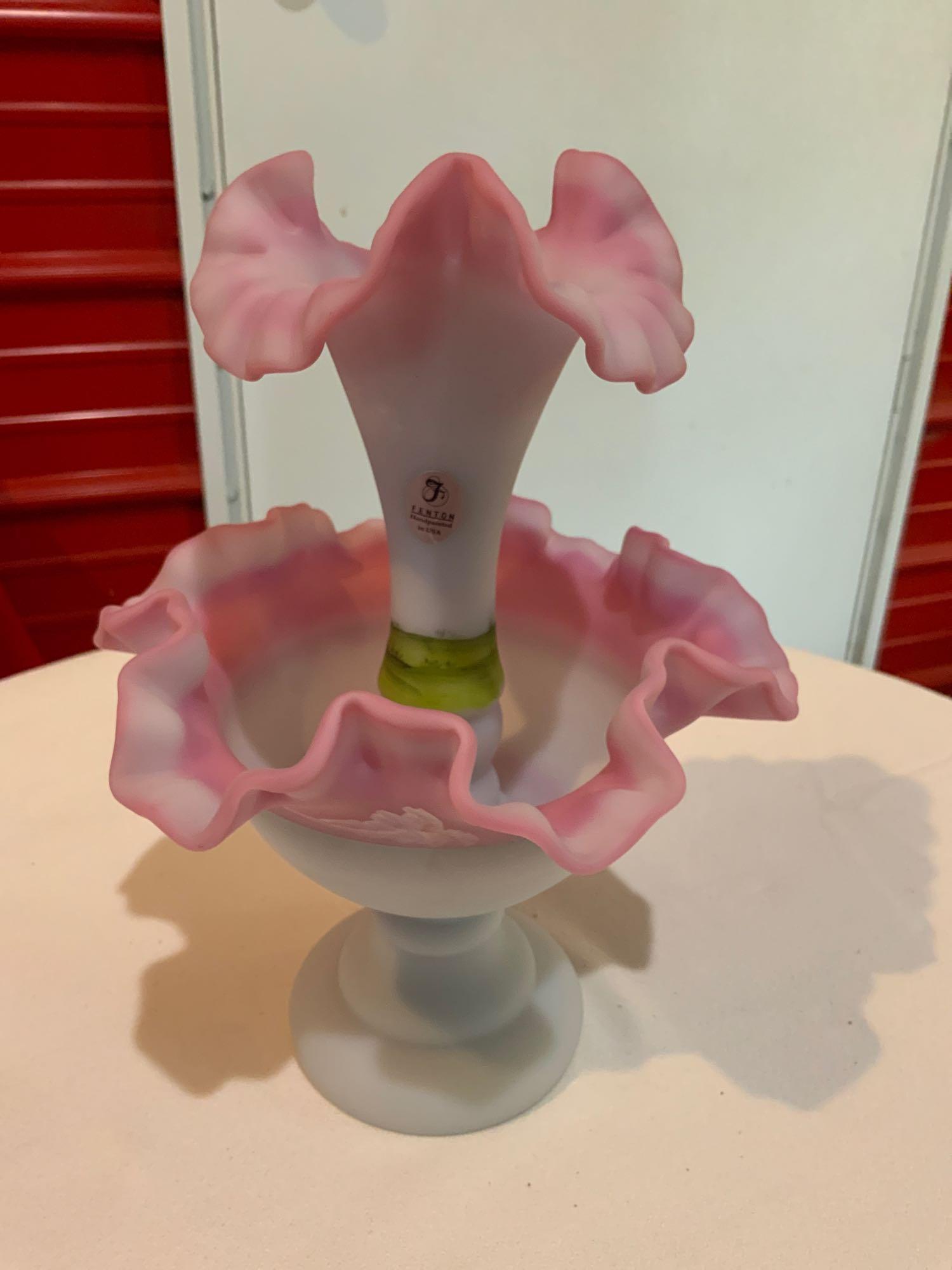 Fenton, Burmese Fenton Epergne, Handpainted & by artist (1 of 5)