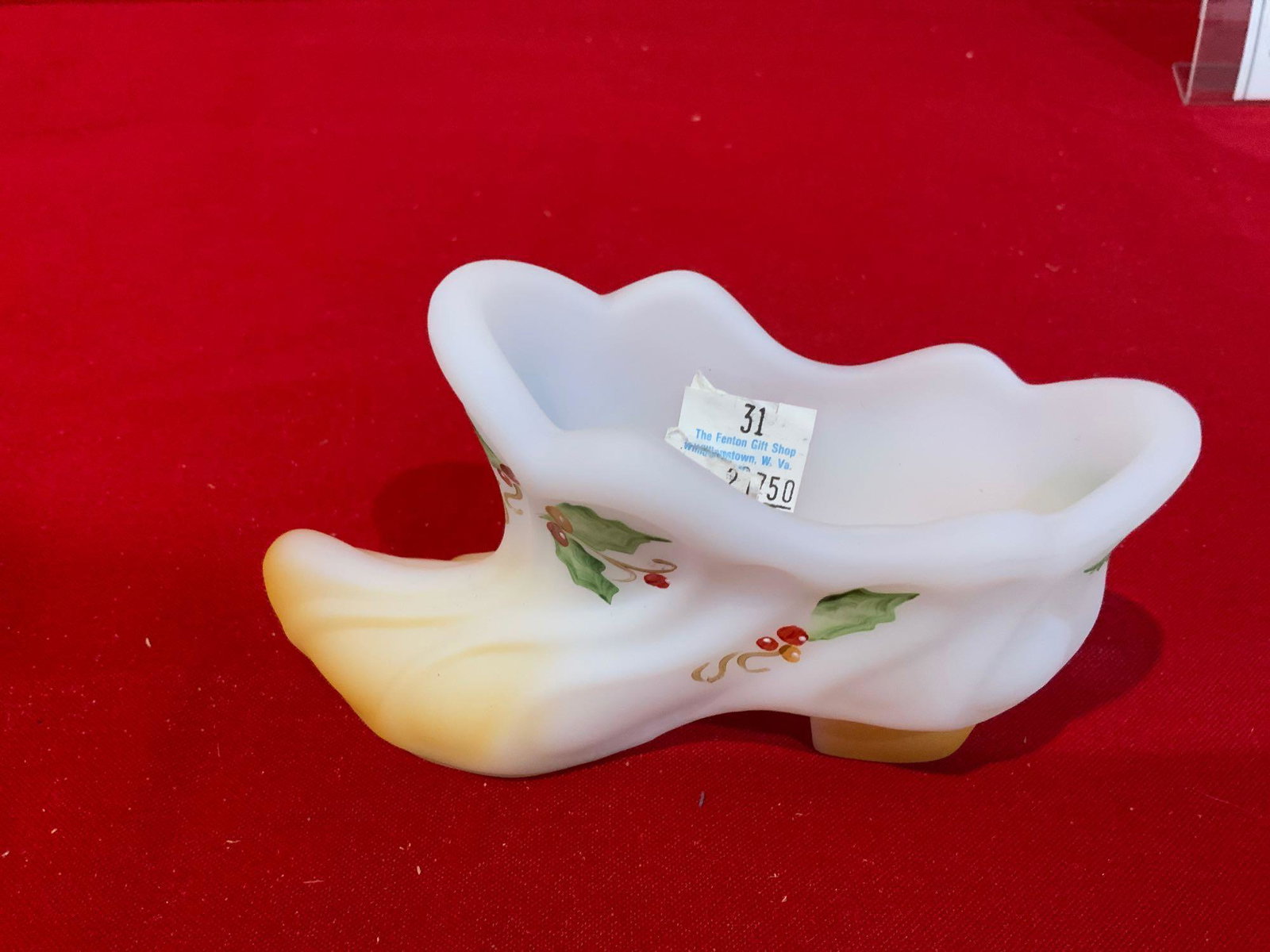 Fenton, satin glass Holly design boot signed by artist: Fenton, satin glass Holly design boot signed by artist, in great condition no chips or cracks