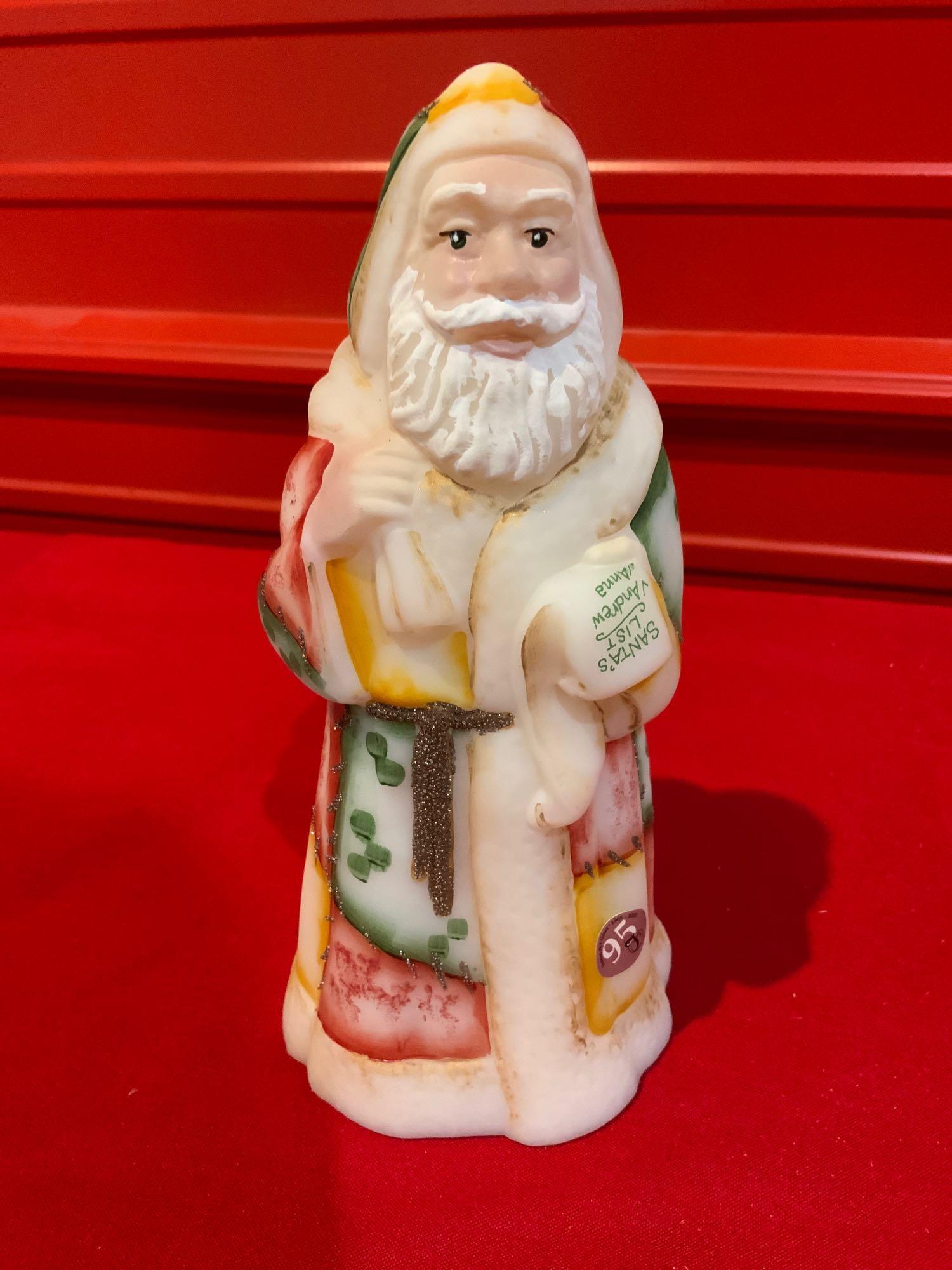 Fenton, art glass patchwork Santa Claus, hand painted: Fenton, art glass patchwork Santa Claus, hand painted and signed by artist number #1381 95th year anniversary, in great condition no chips or cracks