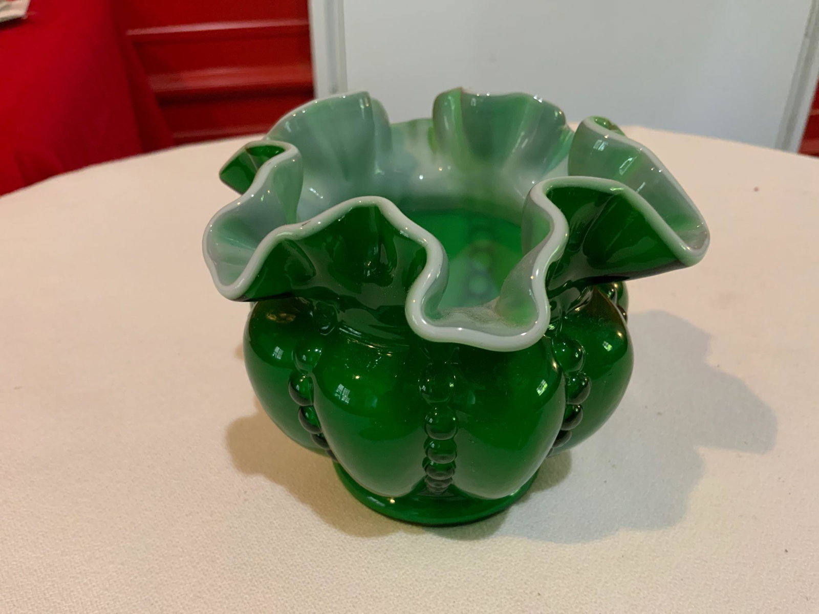 Fenton, Emerald and White beaded melon vase (1 of 4)