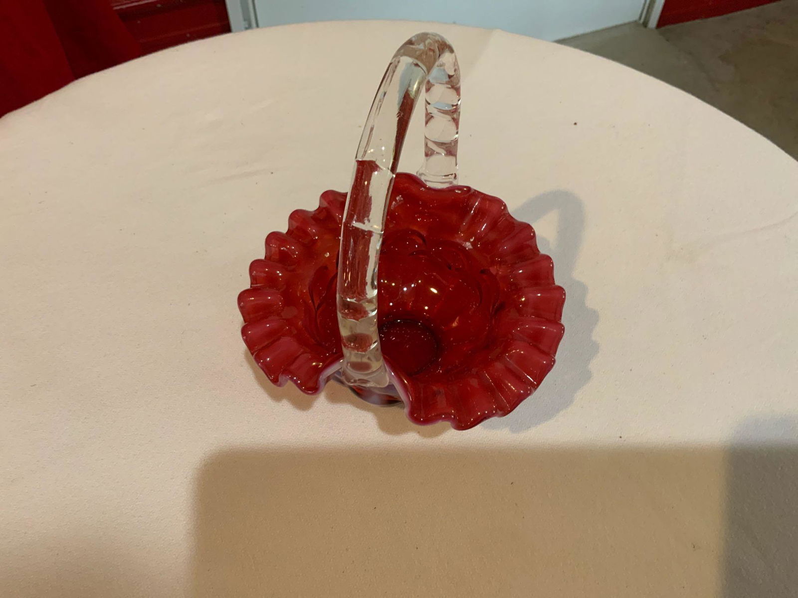 Fenton, cranberry Opalescent basket (1 of 3)