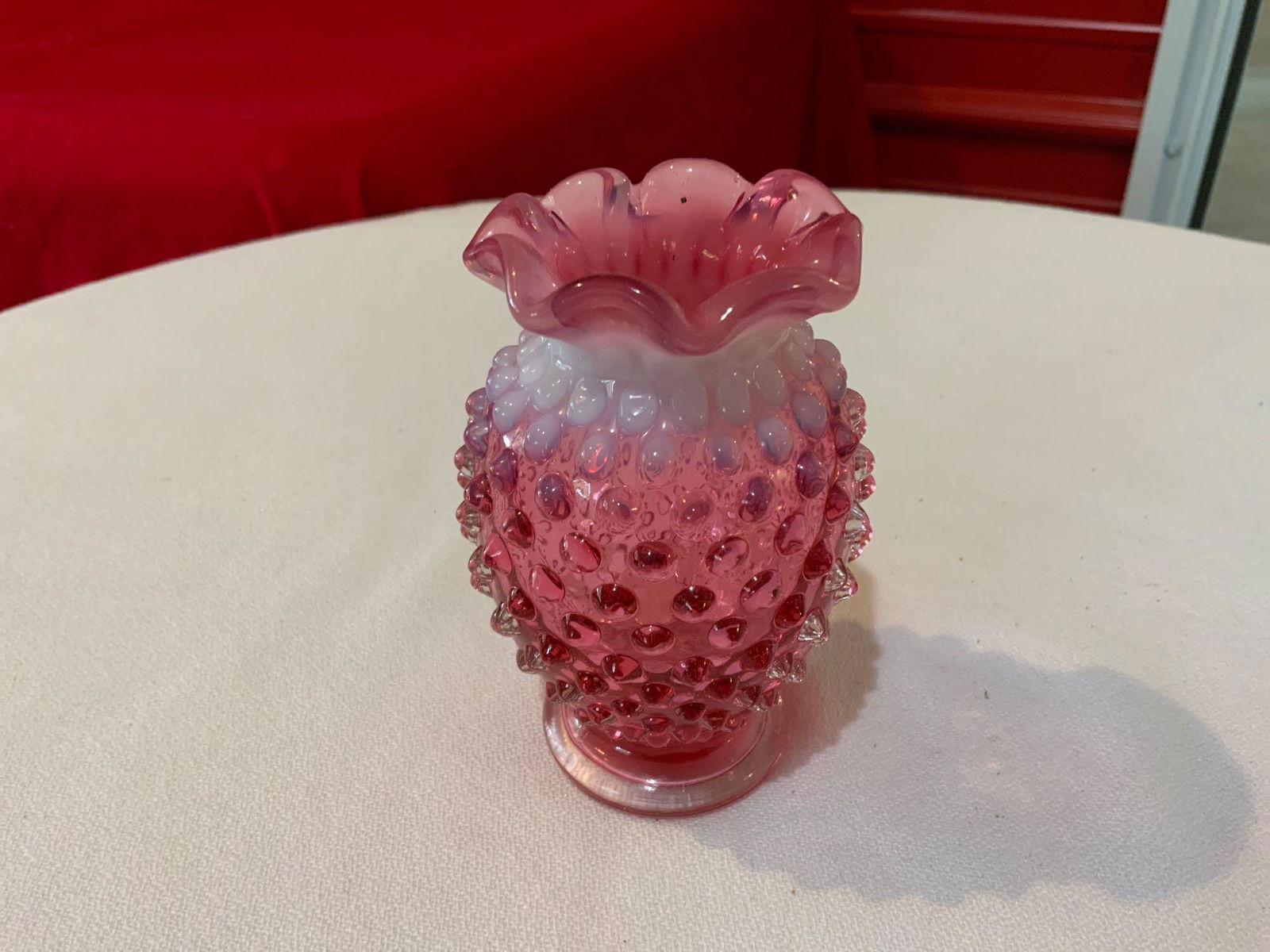 Fenton Cranberry hobnail, ruffled edge Opalescent. (1 of 4)