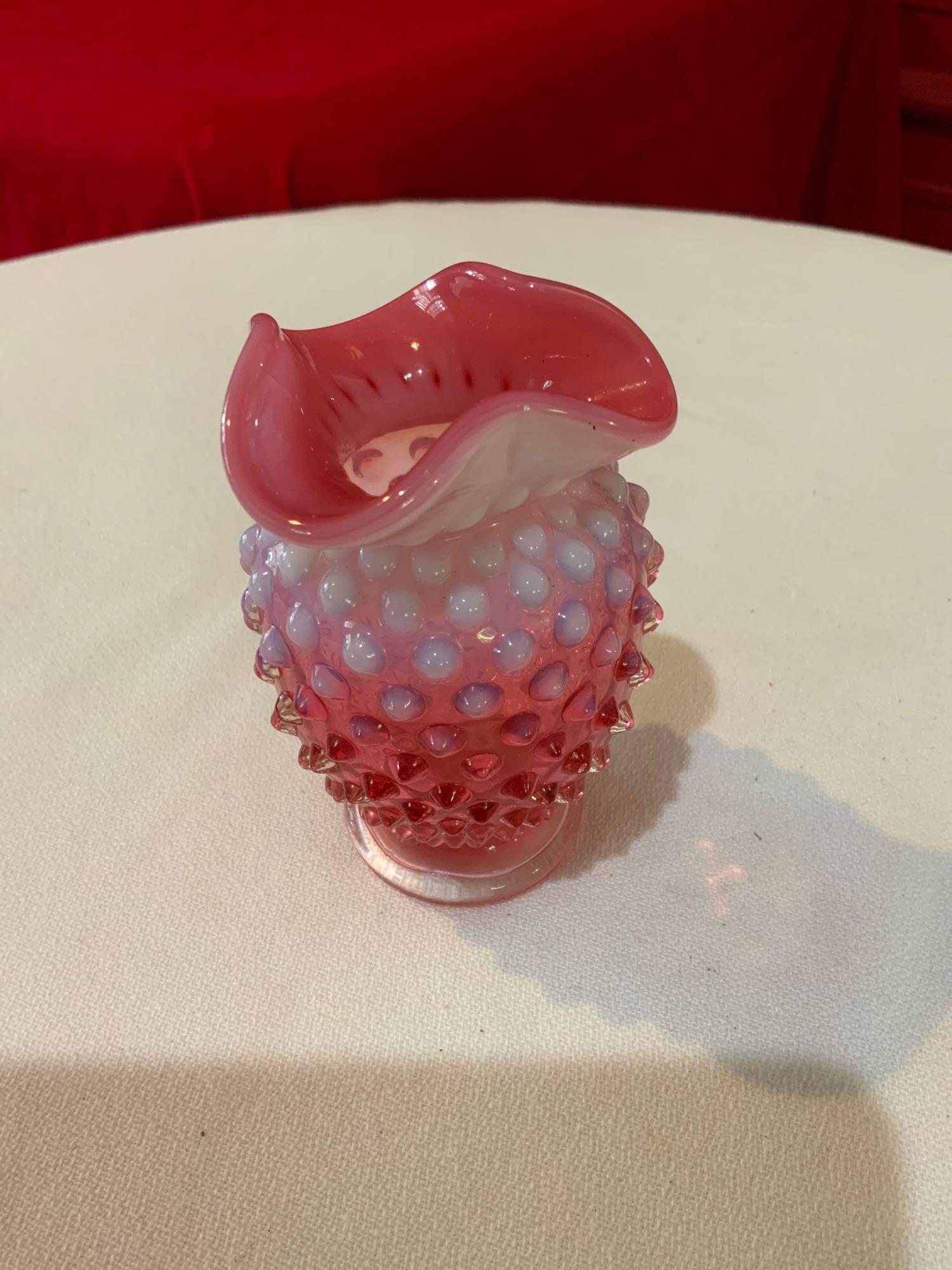 Fenton Cranberry hobnail, ruffled edge Opalescent. (1 of 3)