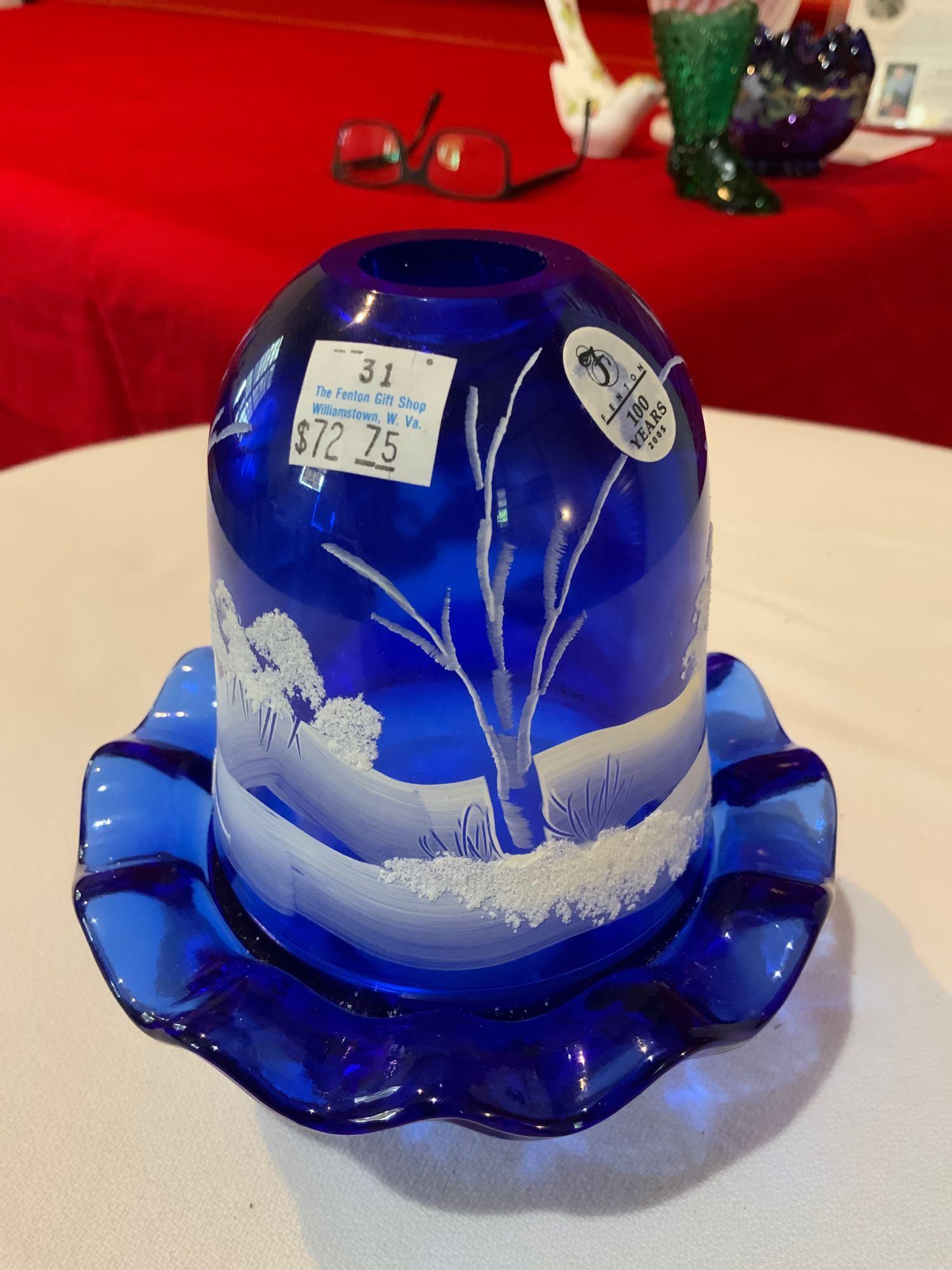 Fenton cobalt blue fairy lamp winter wood scene (1 of 4)
