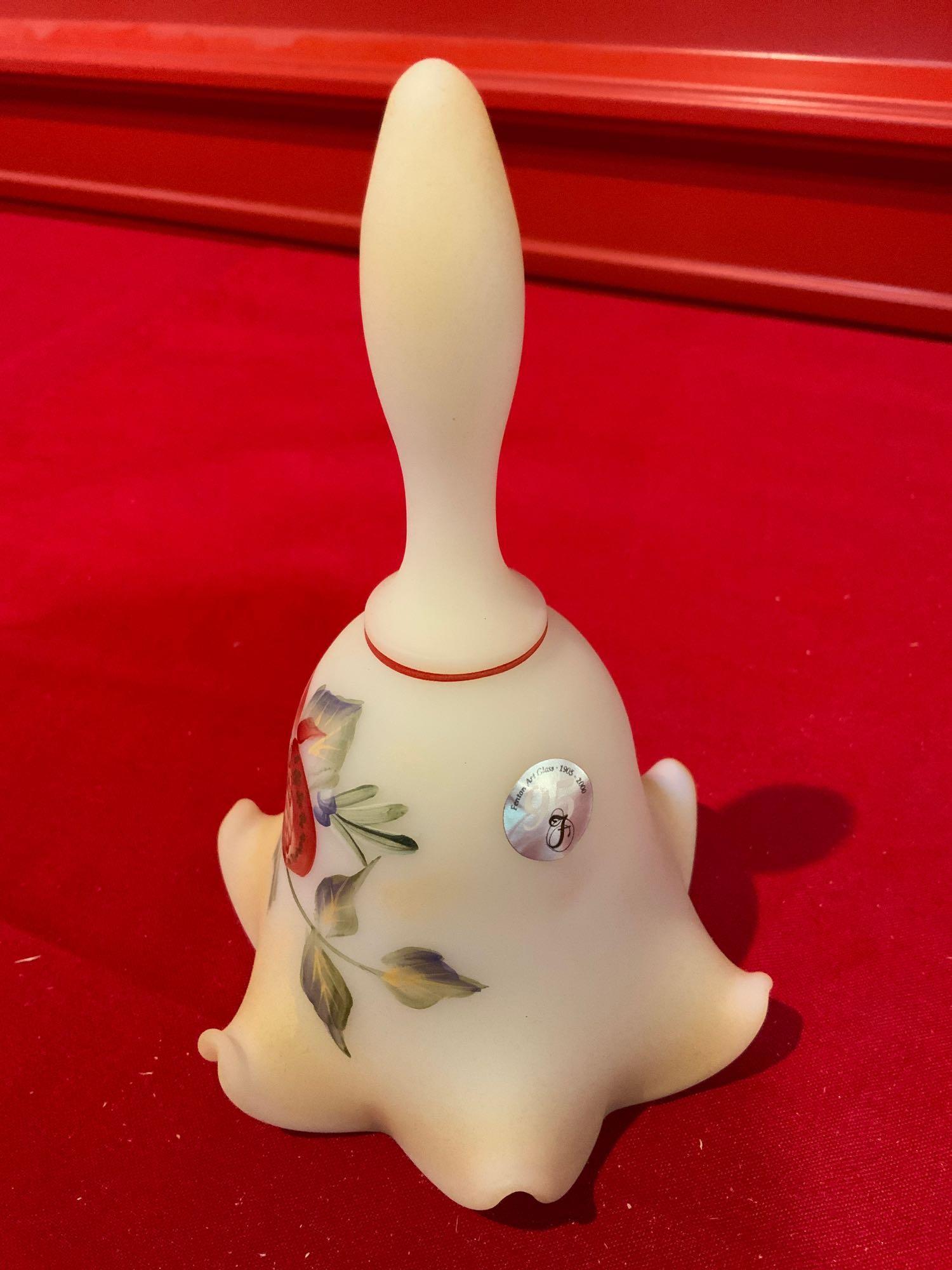 Fenton satin glass bail with fruit design hand painted: Fenton satin glass bail with fruit design hand painted and signed 95th anniversary piece, in great condition no chips or cracks