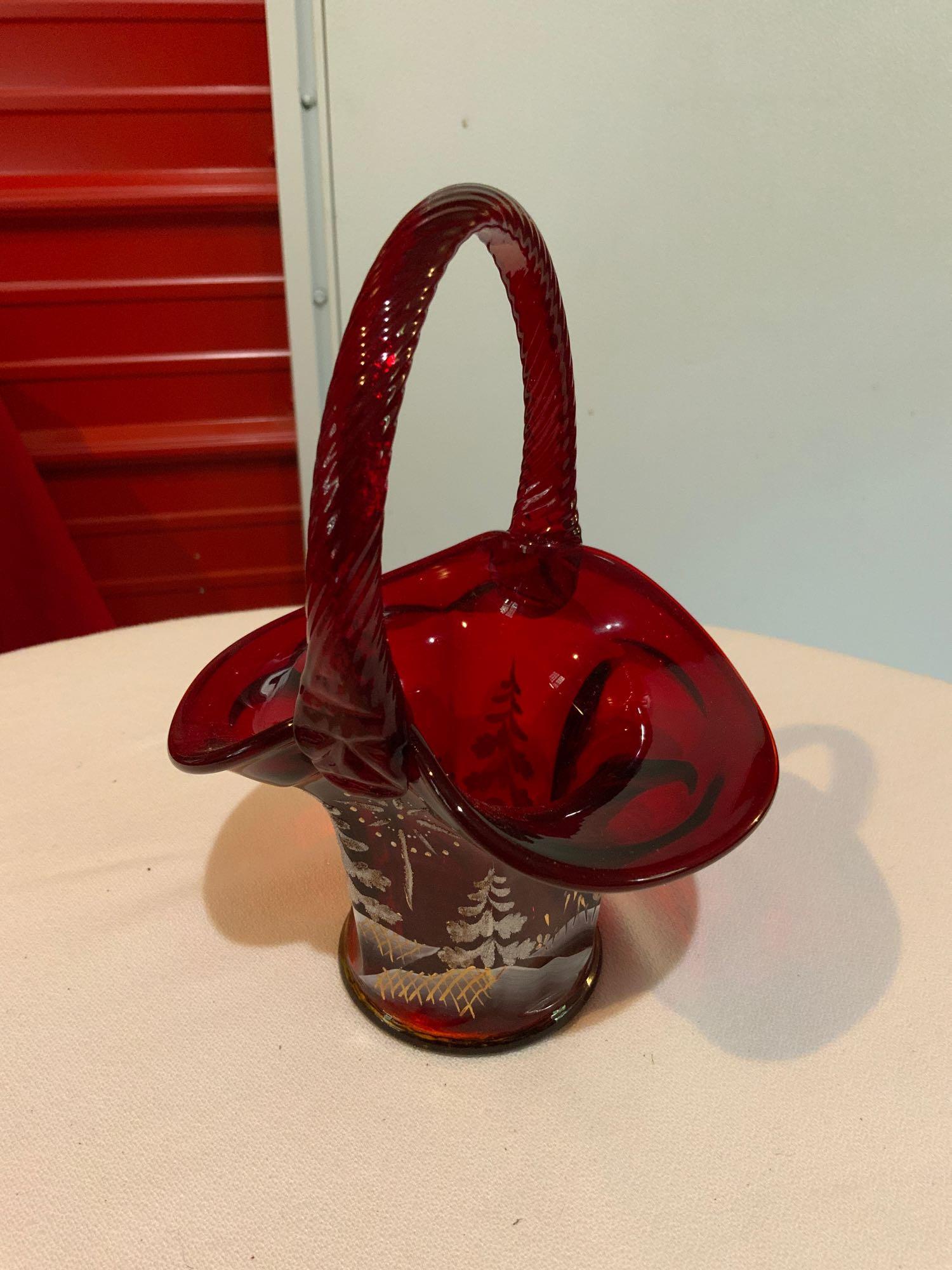 Fenton, ruby red basket winter scene hand-painted sign (1 of 4)