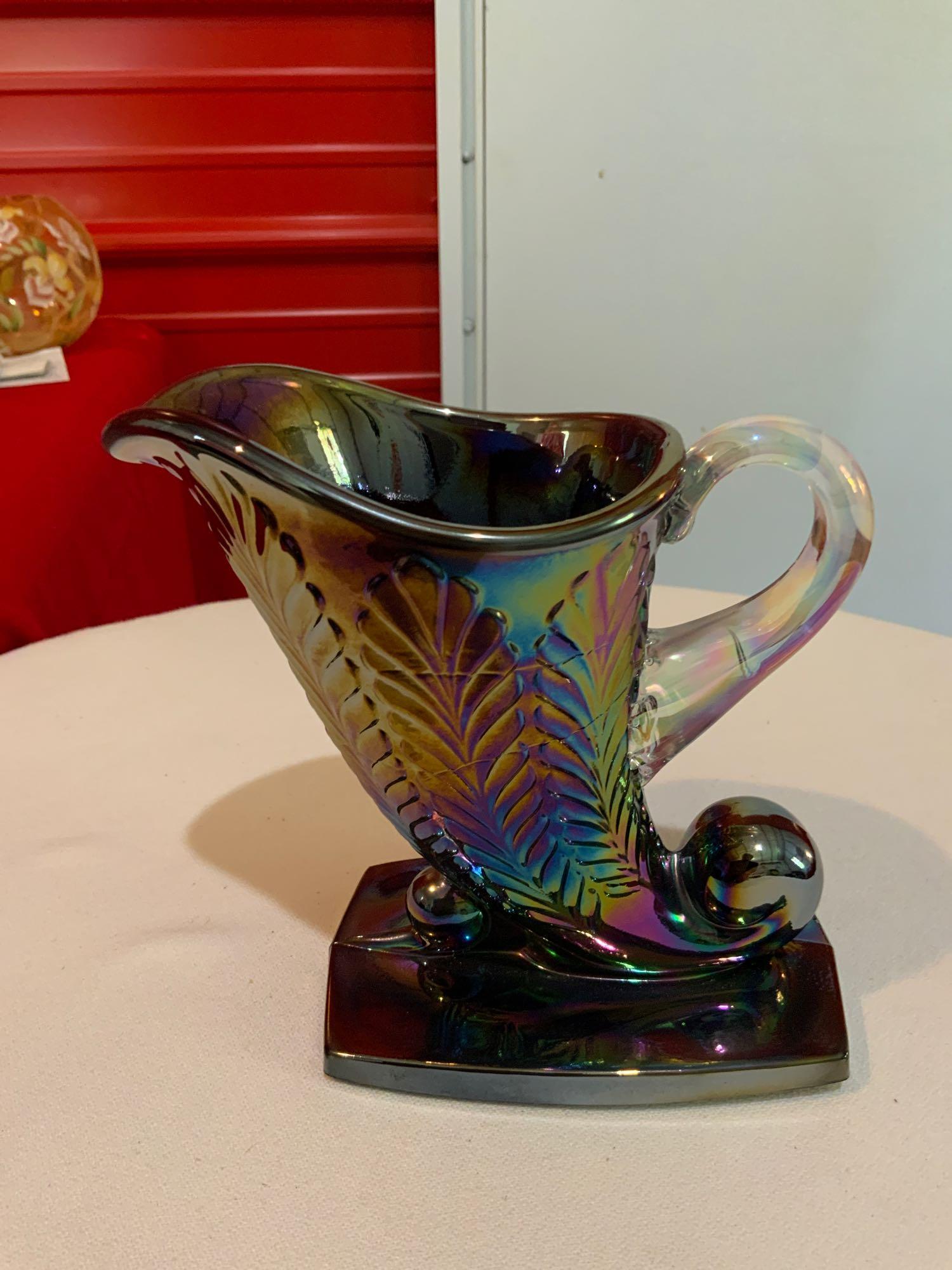 Fenton, amethyst carnival glass feather pattern with (1 of 4)