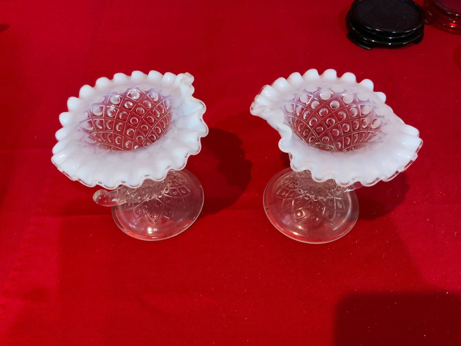 Fenton, Hopnail Cornucopia Candleholders diamond lace (1 of 4)