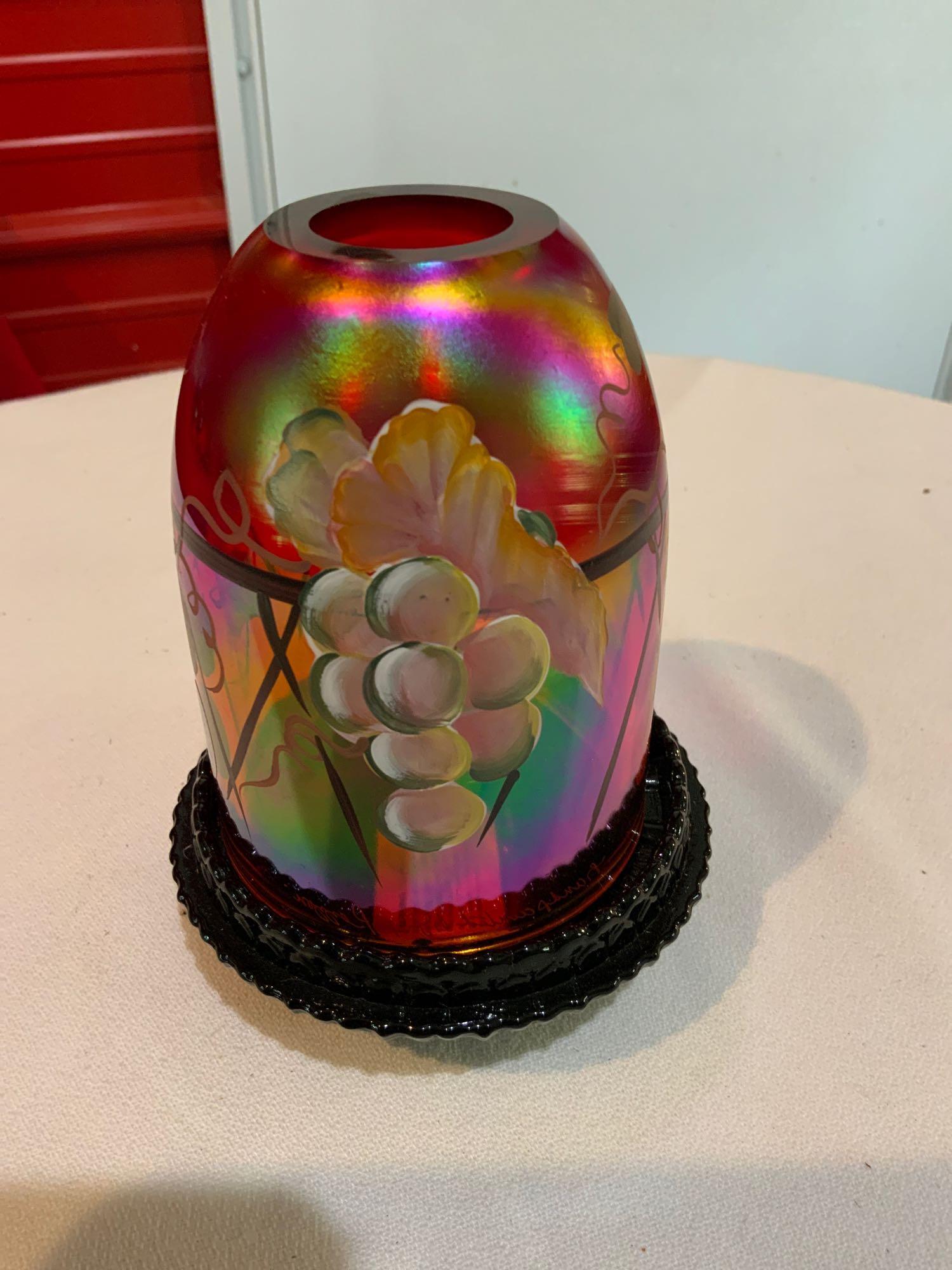 Fenton, red carnival glass, painted grapes fairy lamp (1 of 4)