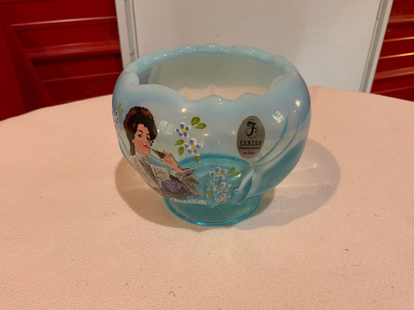 Fenton, Blue Opalescent coca-Cola Rose bowl: Fenton, Blue Opalescent coca-Cola Rose bowl, in painted artist signed in great condition no chips or cracks