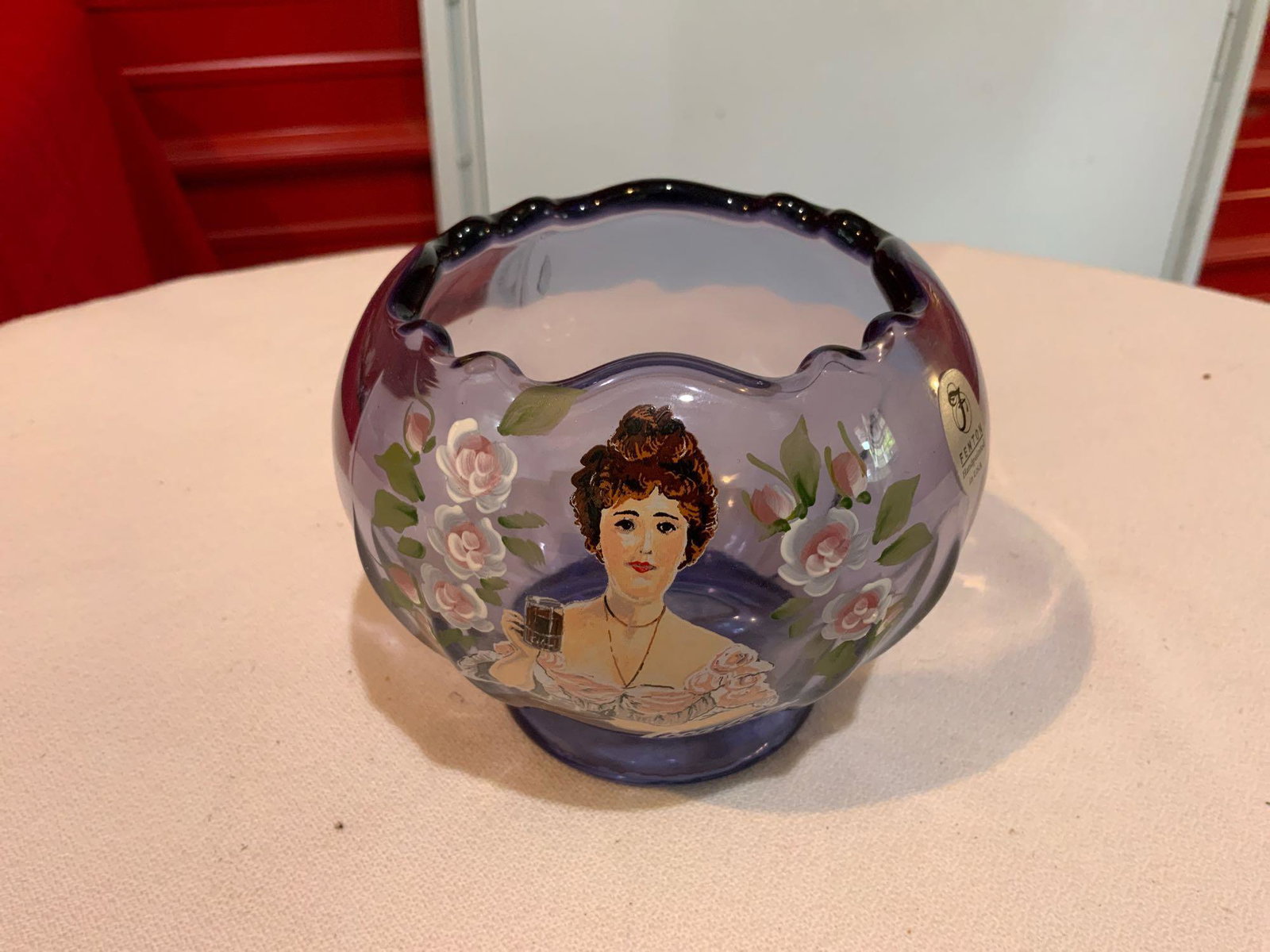 Fenton, coca-Cola lavender rose bowl: Fenton, coca-Cola lavender rose bowl, Handpainted Signed by the artist