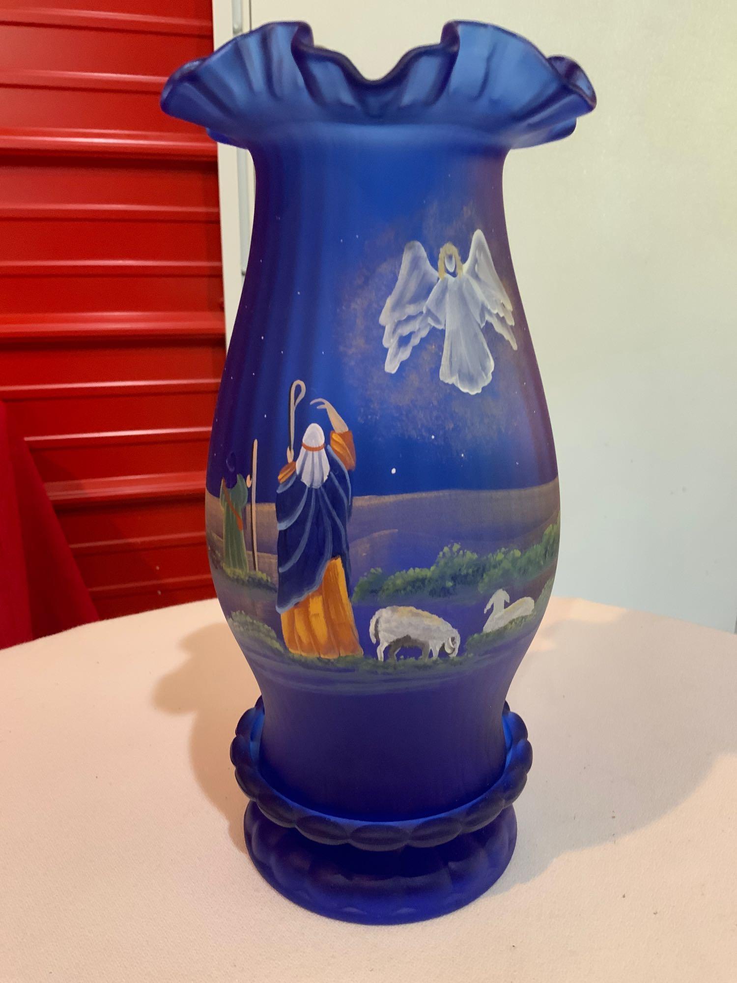 Fenton, Blue Handpainted hurricane lamp (1 of 4)