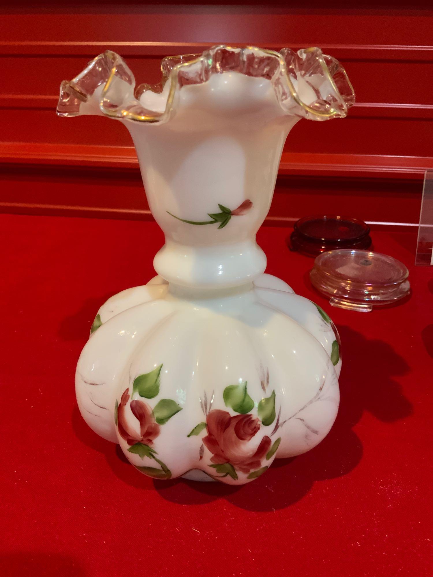 Fenton, White silver crest heirloom vase, Handpainted (1 of 4)