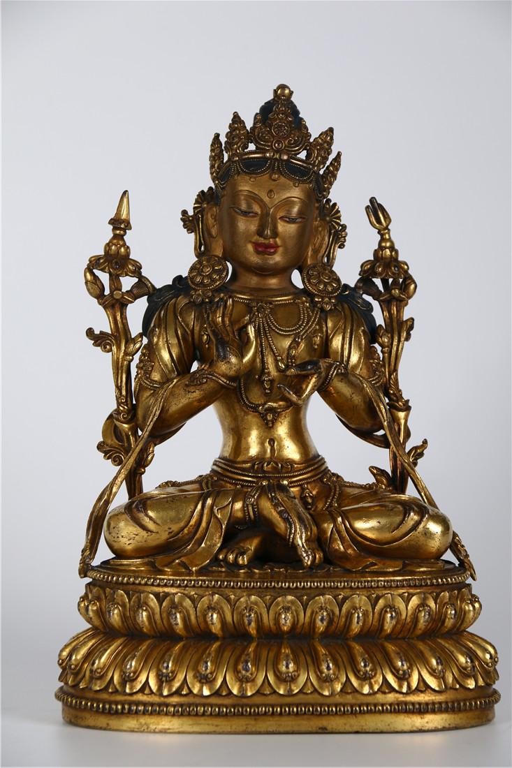 A GILT BRONZE GREEN TARA BUDDHA STATUE, MING DYN. (1 of 9)