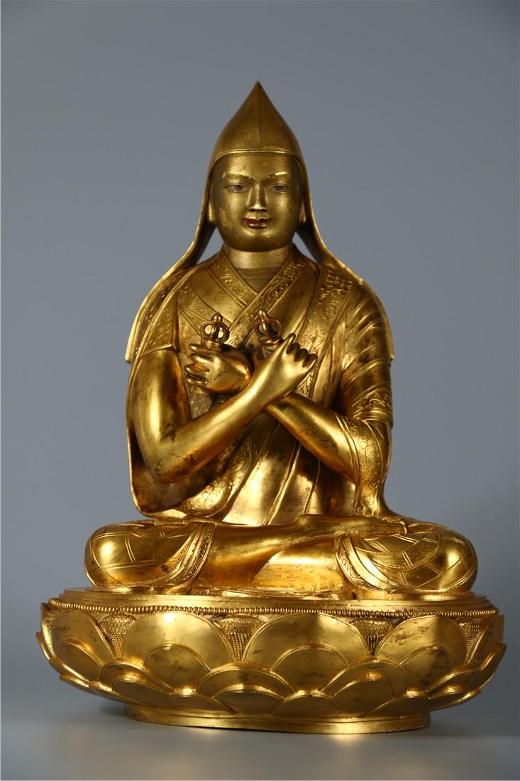 A GILT BRONZE TSONGKHAPA BUDDHA STATUE (1 of 9)