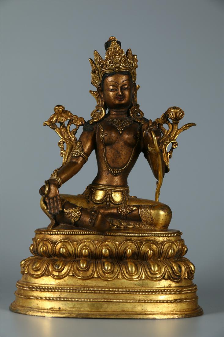 A GILT BRONZE GREEN TARA BUDDHA STATUE, MING DYN. (1 of 9)