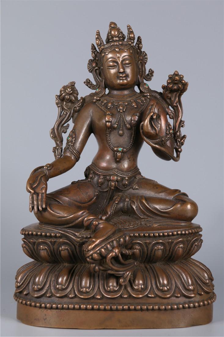 A BRONZE GREEN TARA BUDDHA STATUE, MING DYN. (1 of 9)