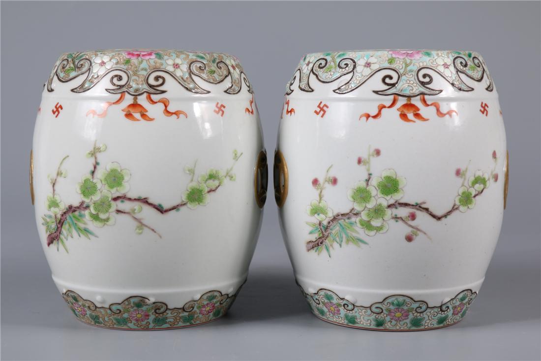 A PAIR OF ROSE PORCELAIN DRUM SHAPED STOOLS (1 of 6)