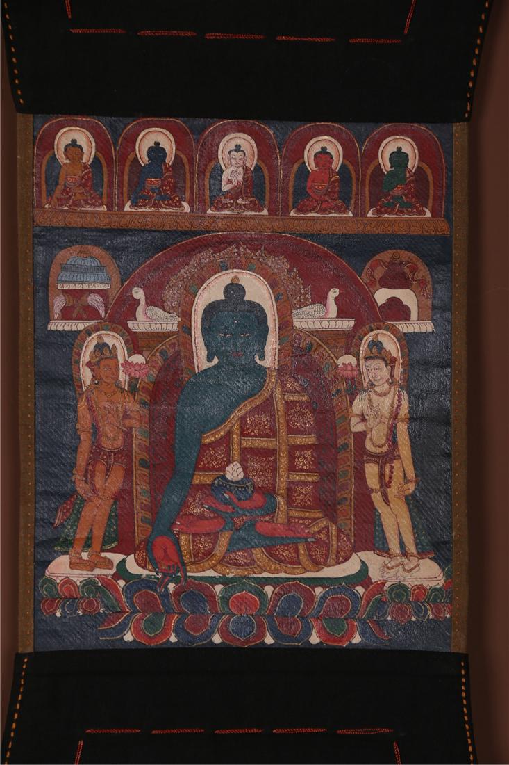 A BHAISAJYAGURU BUDDHA THANGKA. (1 of 6)