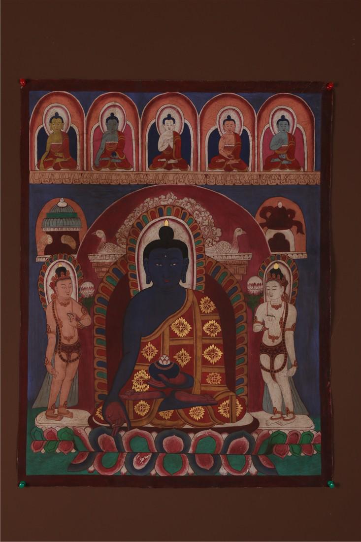 A CATTLEHIDE BHAISAJYAGURU BUDDHA THANGKA. (1 of 9)