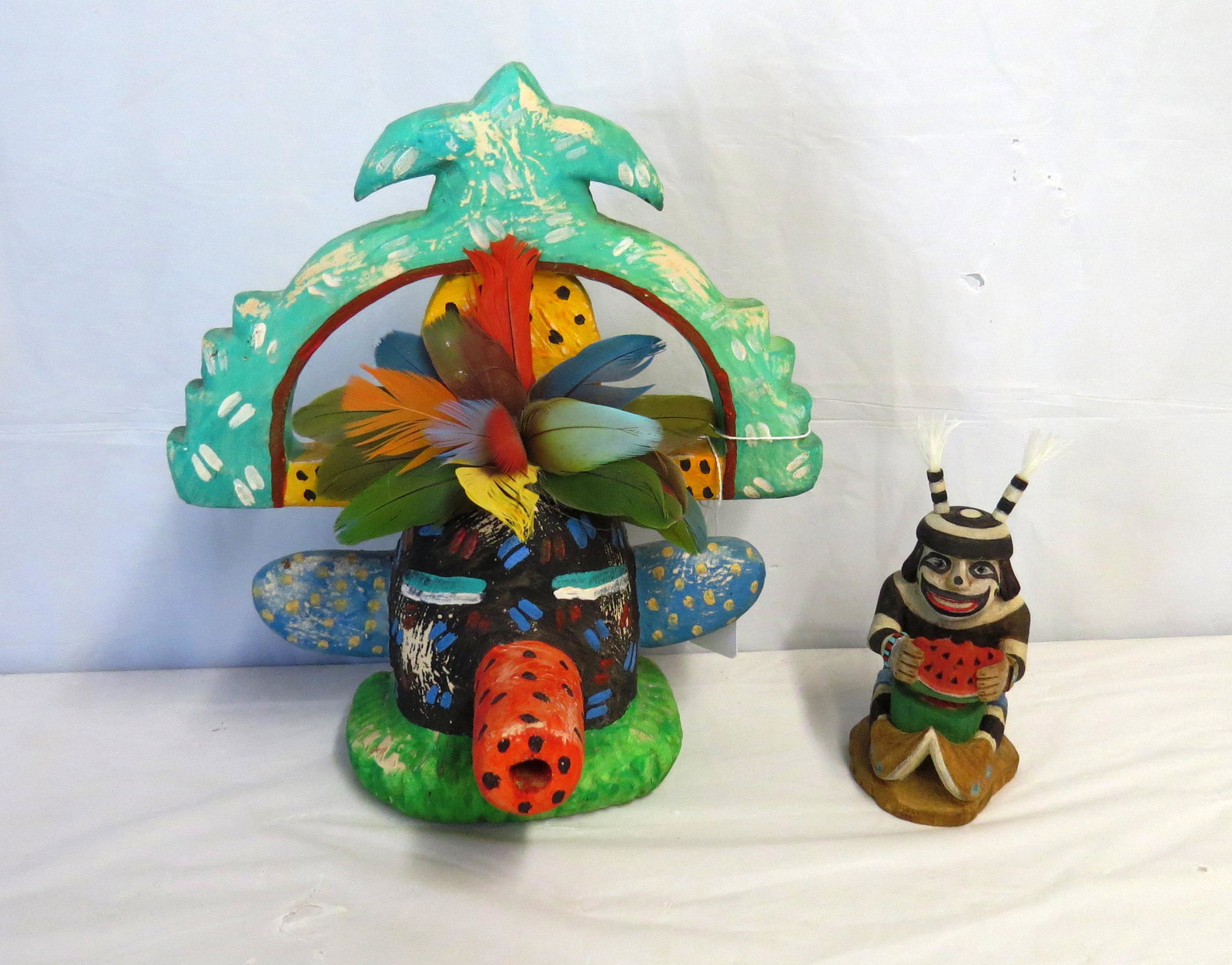 Mask and figure: Hopi Mask signed Gregory Lomayesva dated 08, 9" x 6 ¾" sold with carved figure signed non legibly