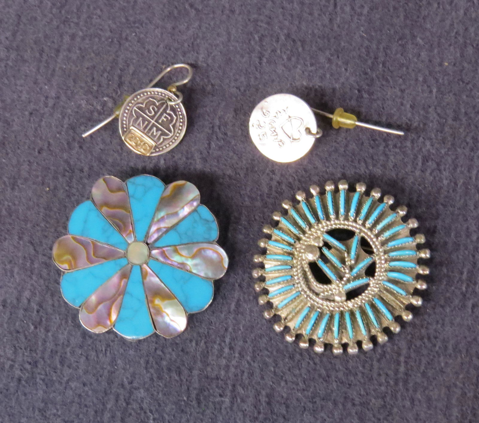 SW Jewelry: Two turquoise and silver jewelry pins, one signed ETM Taxco Mexico silver, pair silver ear rings signed Magnus 925