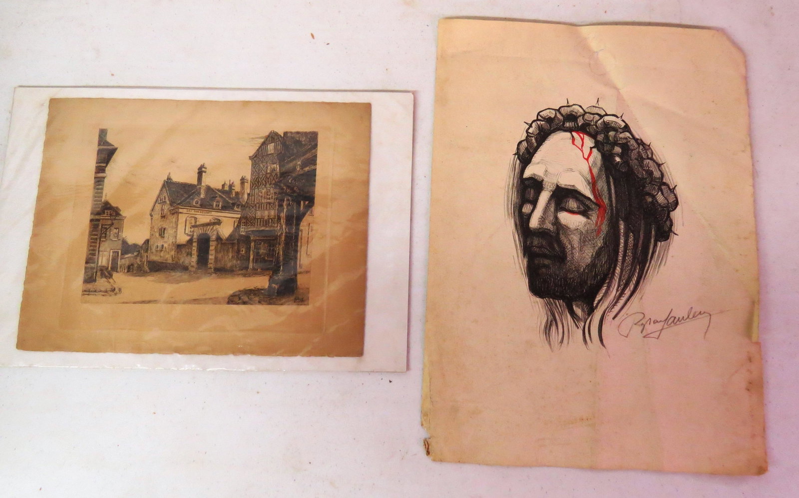 Etching, Pencil drawing: Etching European city signature looks like Dhuy, Pencil on paper Christ with thorned crown signed Raphael Lardeur, Paris