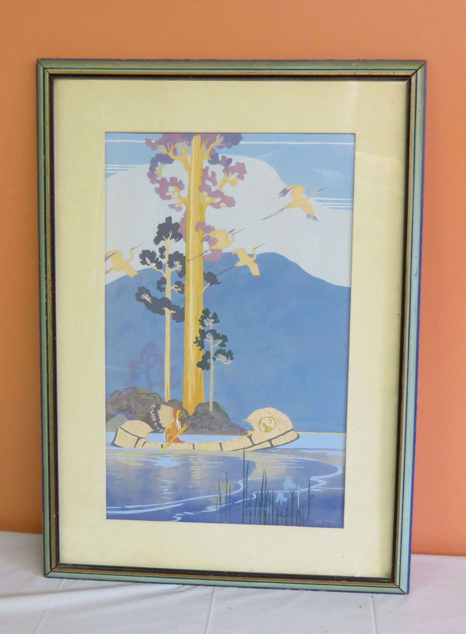 Tempera Painting: Tempera painting Indian in canoe by Illustrator Lee Mero, 15 ½" x 9 ½' sight