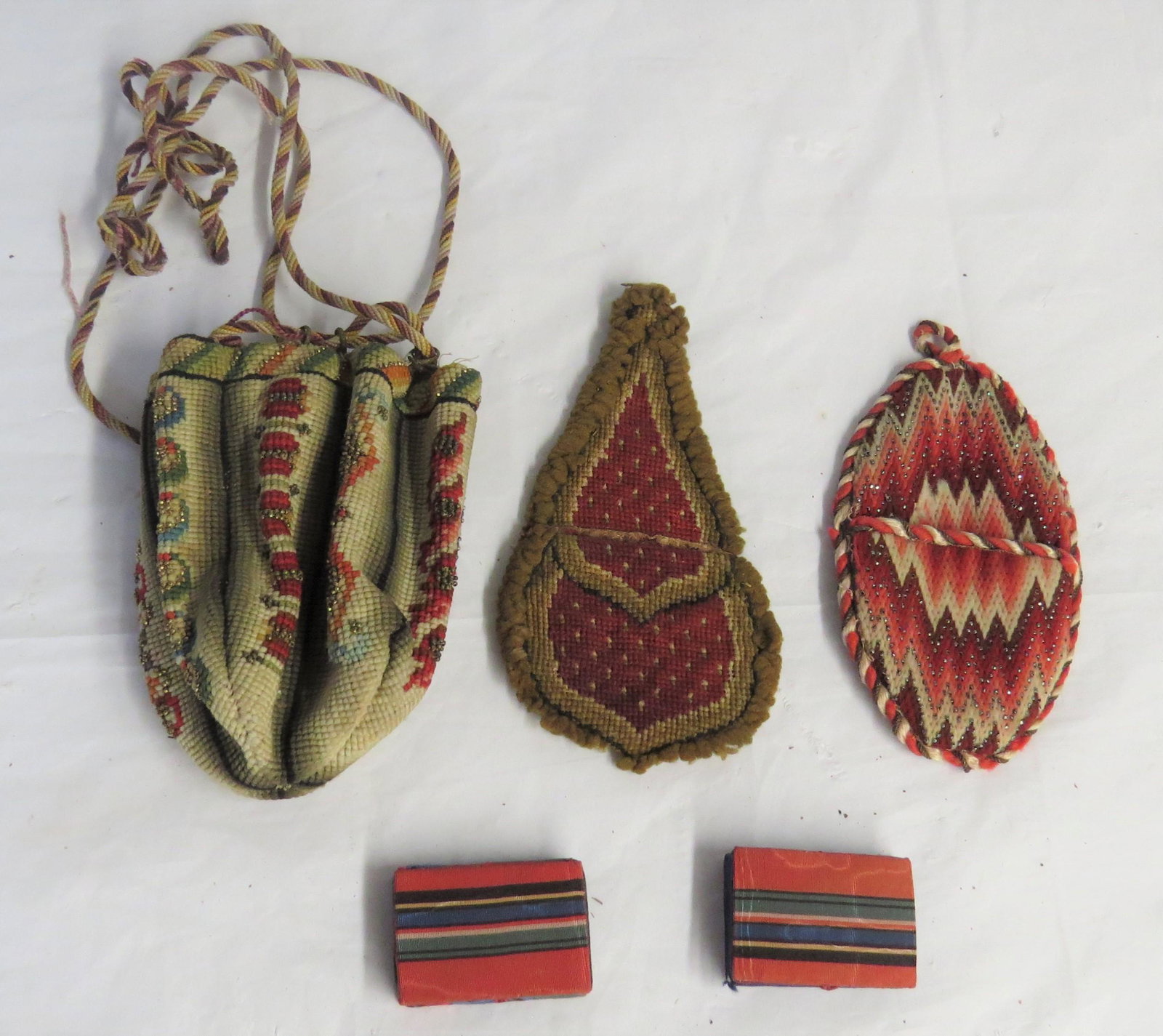 Needlework: Victorian needlework includes string close bag, two wall pockets in flame stitch and two small boxes