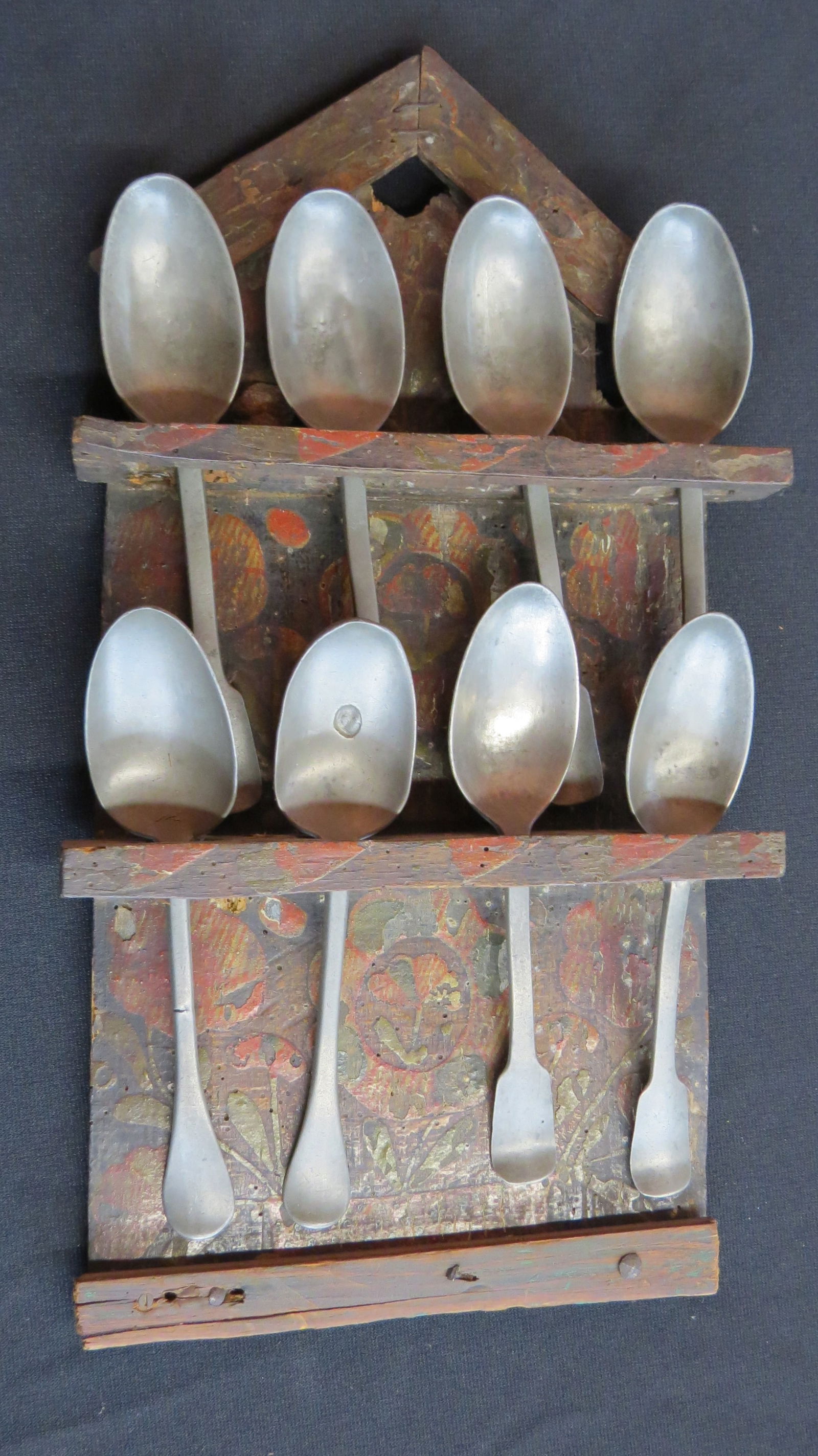 Early Continental decorated spoon rack with rat tail pewter spoons (1 of 4)