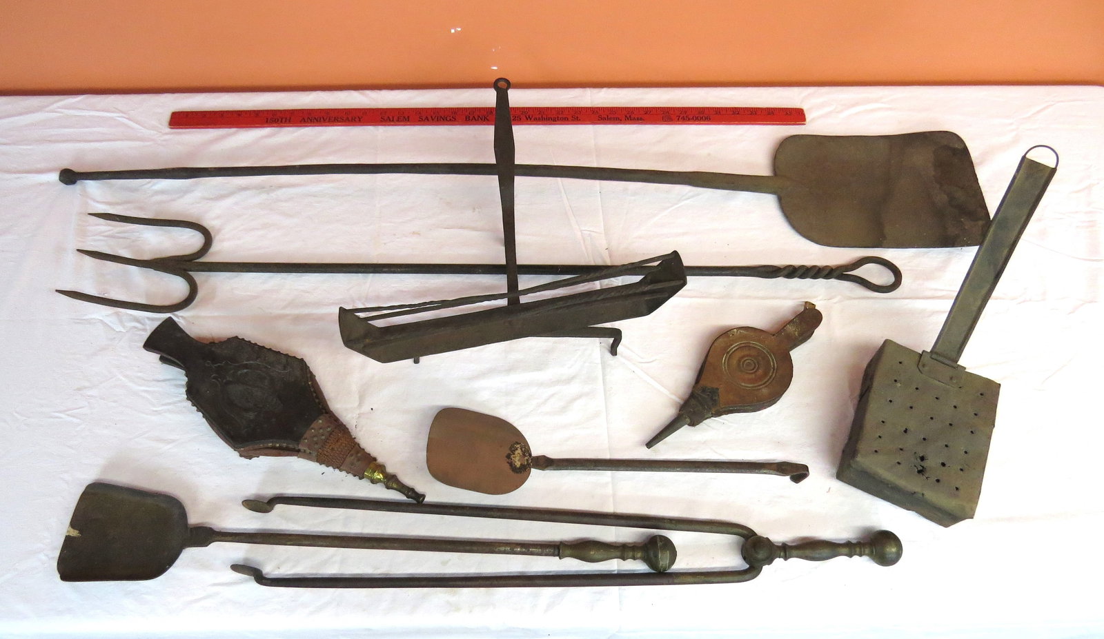 Lot fireplace tools include shovel and tongs, early toaster (1 of 1)