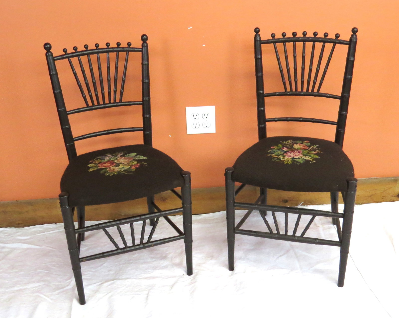 Pair bamboo turned side chairs with needlepoint seats (1 of 4)