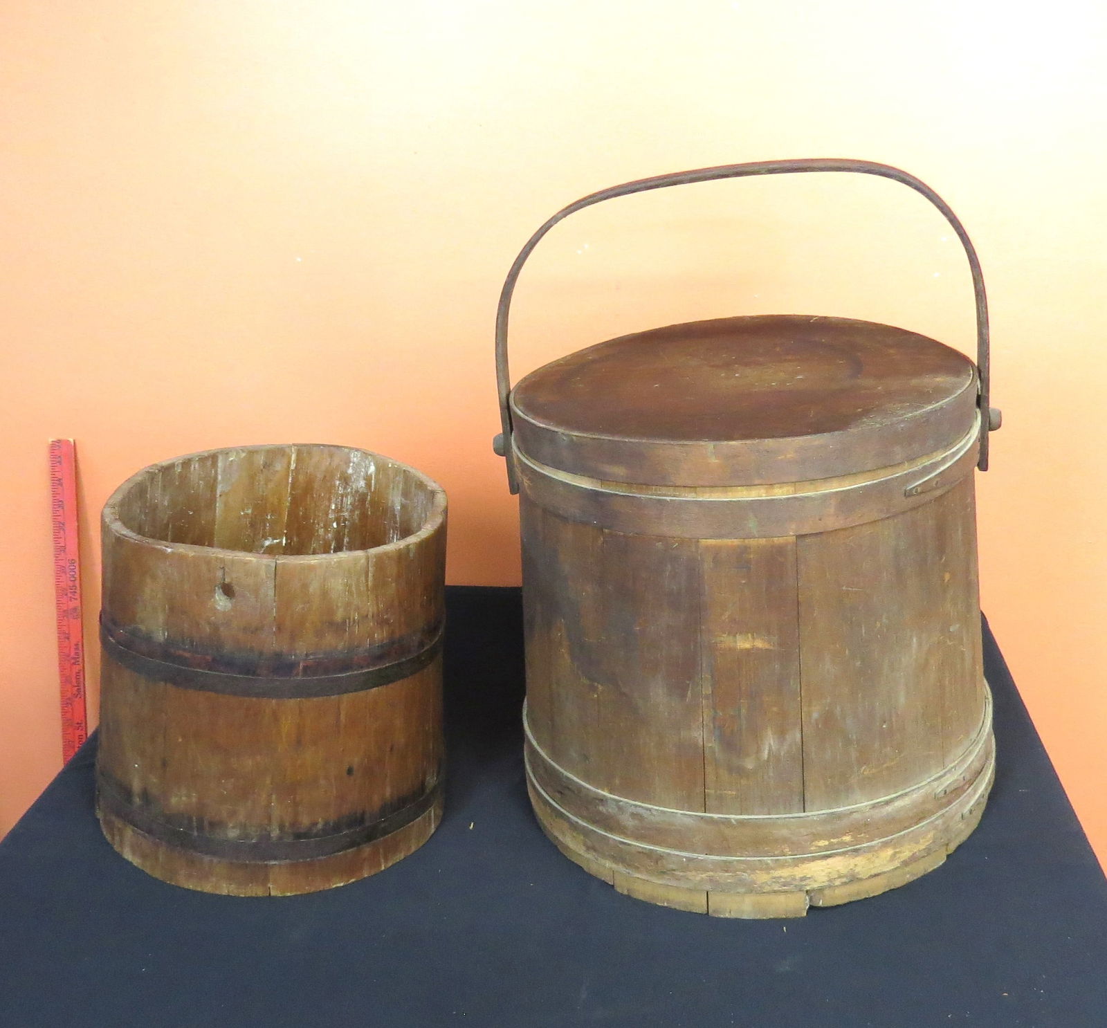 Early wooden pale and firkin with swing handle: Early wooden pale 11” x 11”, firkin with swing handle, 14 ½” x 14” d.