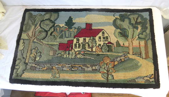 Hooked Rug: Hooked Rug, early house with stone wall. 27” x 47” has backing to hang on wall. Good condition
